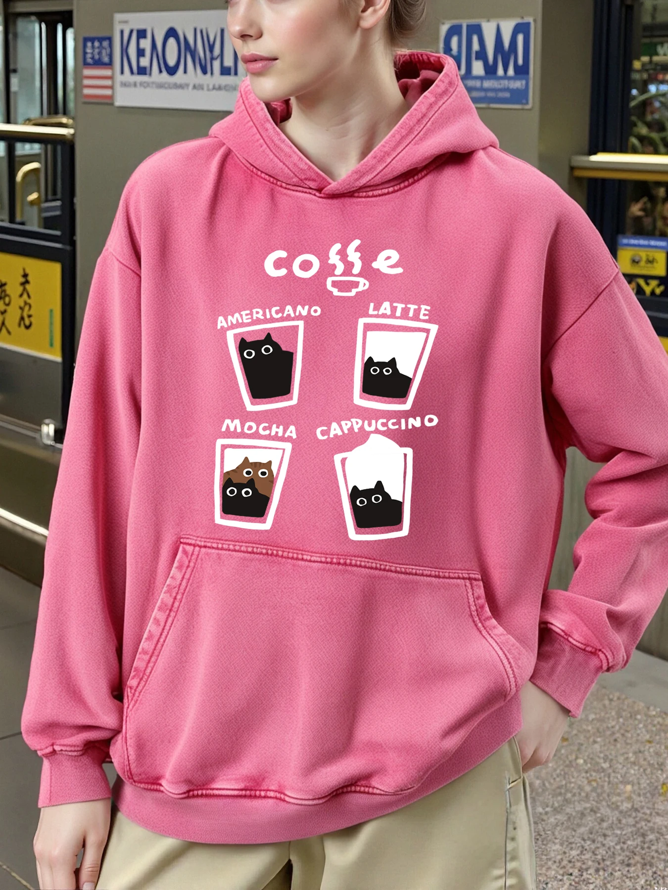 فنجان القهوة الأمريكية القطط الطباعة المرأة غسلها هوديس الهيب هوب كل مباراة هوديي الخريف الشتاء القطن هودي جيب ملابس رياضية #1