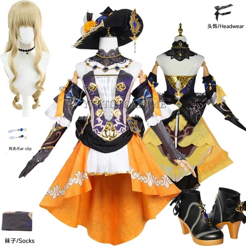 

Genshin Impact Navia Косплей Костюм Парик Шляпа Набор Женское Платье Униформа Хэллоуин Вечеринка