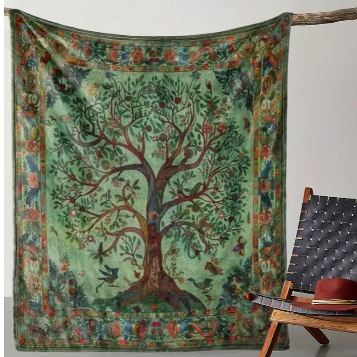 Flanelldecke im Vintage-Stil mit Baum des Lebens-Motiv, gemütliche Decke mit lebendigem Blumen- und Vogeldesign, ideal für Sofa, Bett, Auto, Büro.