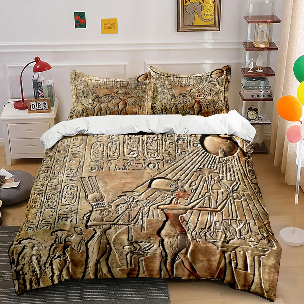 Ancient Egyptian sun worship engraving Print Bedding Set 1 Duvet Cover 2 Pillowcases for Adult and Children Luxury Gift
