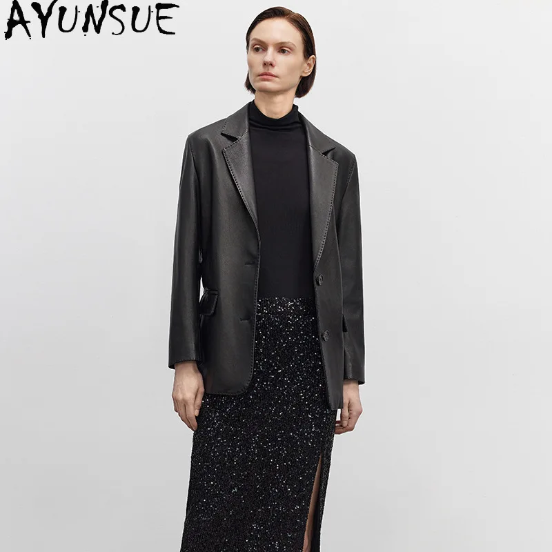 AYUNSUE Giacca in vera pelle di pecora naturale Donna Vintage Nero Giacche da donna Primavera Autunno Vestiti Cintura Jaqueta Couro