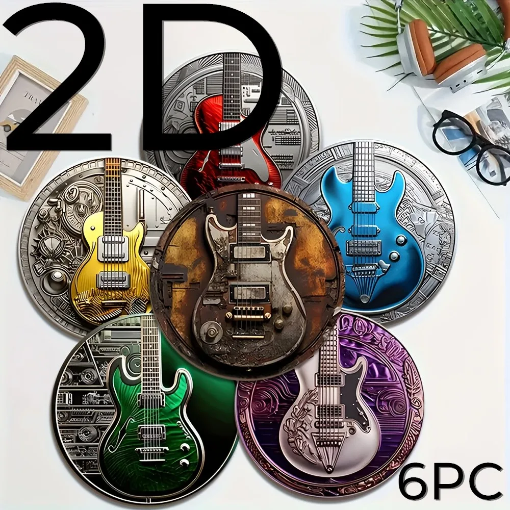 Set of 6 2D Guitar Theme Pattern Art Coasters Round Wooden Heat Resistant Non-Slip Home Decor Gift Multifunctional Decoration