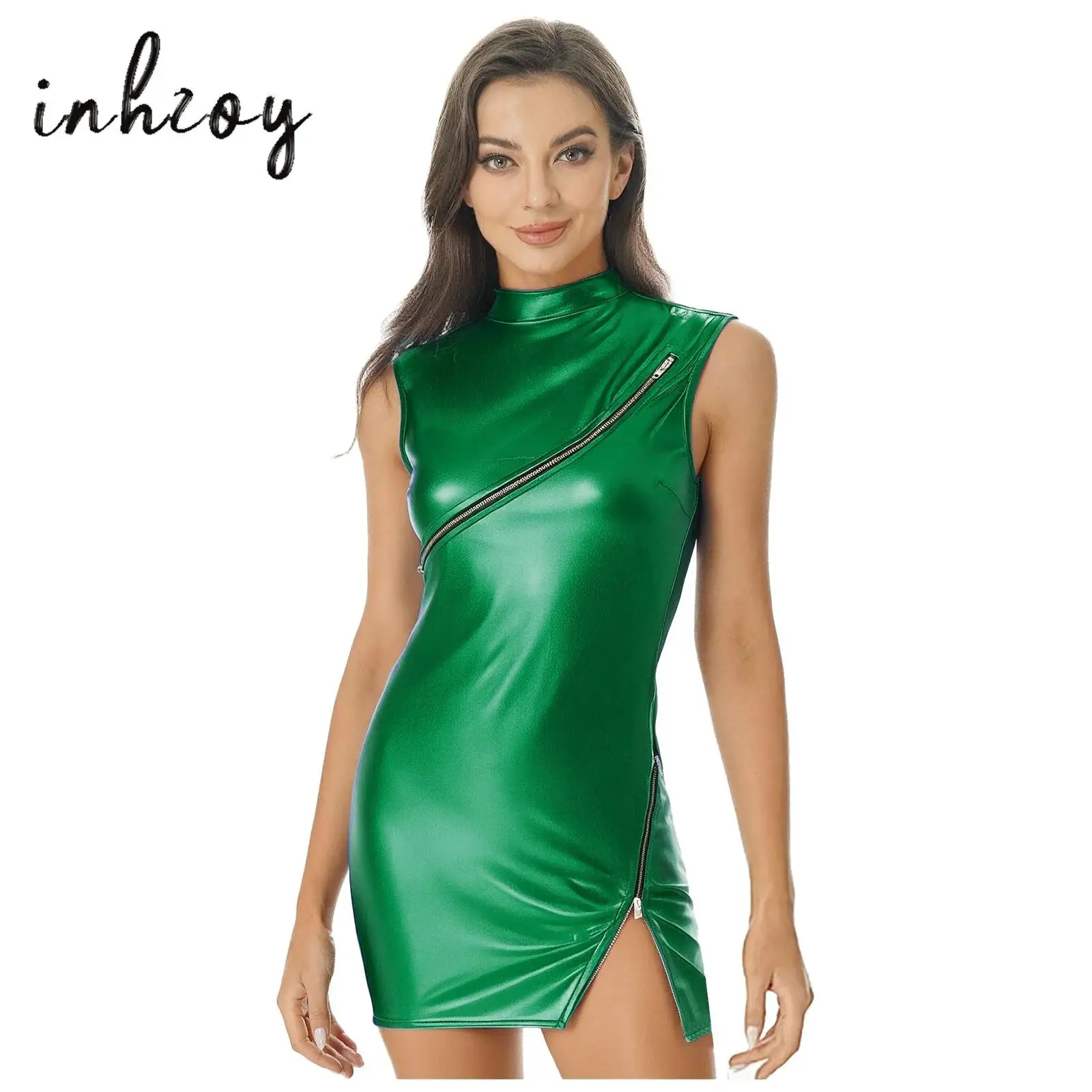 

Womens Metallic Shiny Bodycon Tube Dress Double-end Zippers Revealing Mock Neck Sleeveless Mini Dress Dance Party Raves Clubwear