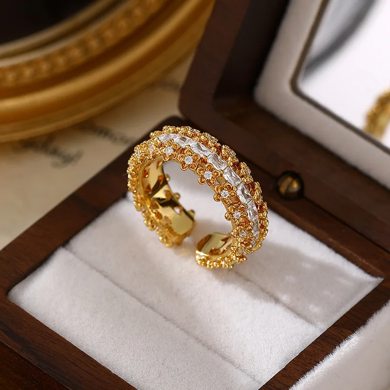 

New Asian Style Zirconia Flower Ring S925 Silver Adjustable Stackable Boho Chic Women's Fashion Jewelry Instagram Trendy Gift