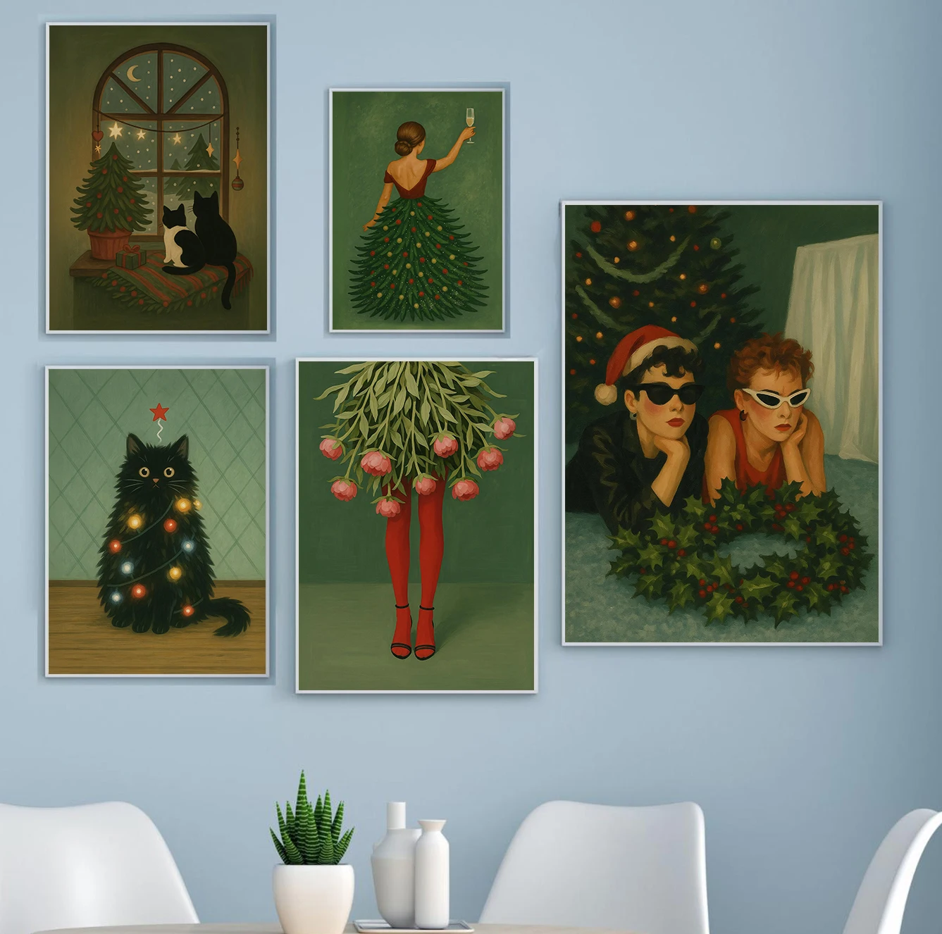 Retro Christmas Christmas Tree Christmas Gift  Funny Illustrated Abstract Poster Canvas Paintings Wall Art Pictures Home Decor