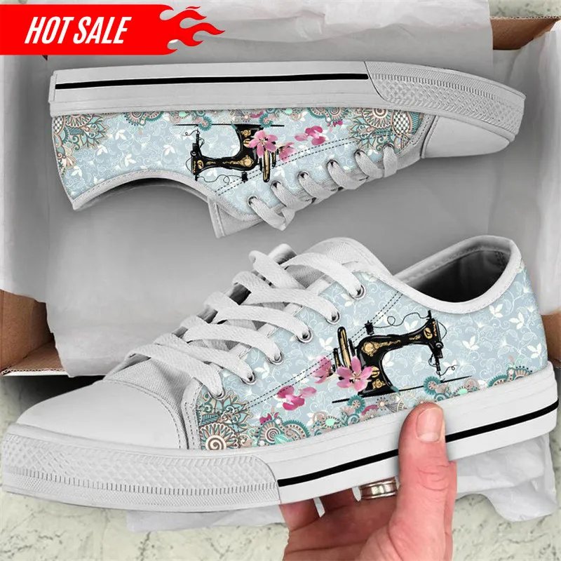 

Classic Low Top Shoes Sewing Machine Women Canvas Vulcanize Shoes Bohemia Style Print Sneakers for Youth Girl Tennis