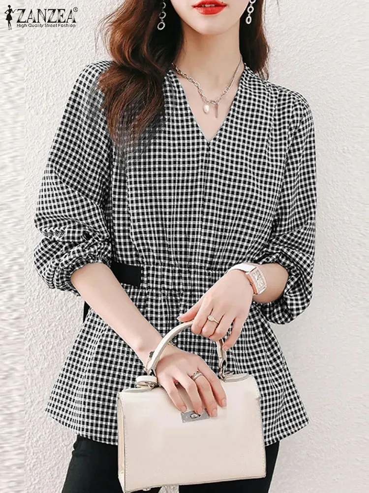

Oversize ZANZEA Summer Spring Women Blouses Shirt Fashion 2024 V Neck Tops Plaid Blusas OL Work Tunic Long Sleeve Tee Streetwear