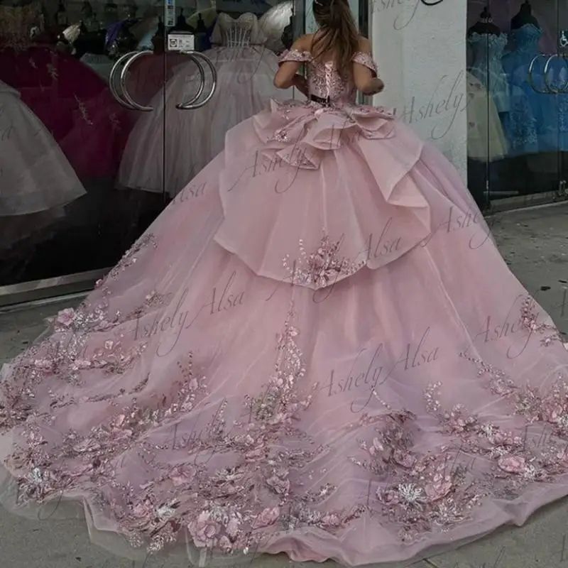 Urocza luksusowe światło różowe suknie balowe suknia balowa z odkrytymi ramionami kwiat kryształowy imprezowy formalny vestido de 15 años quinceanera 2024