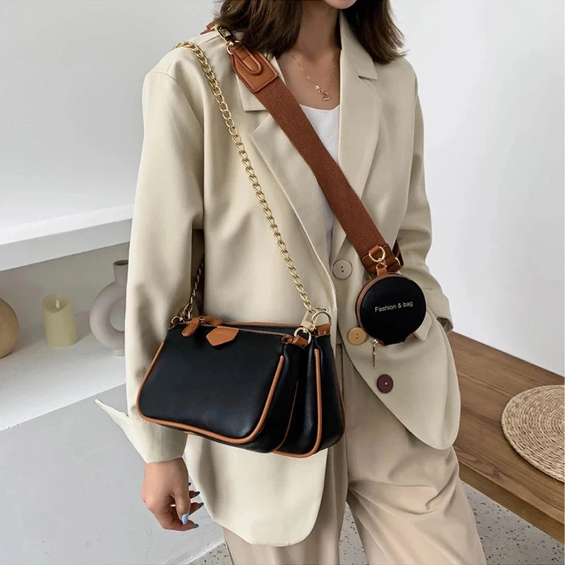 3Pcs/Set Composite Bags for Women Elegant Wide Strap Chains Female Shoulder Crossbody Bags Luxury Handbags Women Bags Designer