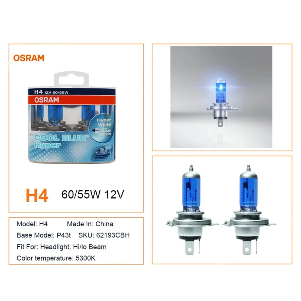 OSRAM H4 62193CBH P43t Halogen Headlight Car Hi/Lo Beam 12V 60/55W 5300K 9003 HB2 Cool Blue Hyper White Bulb (2PCS)