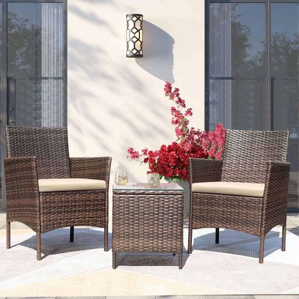 3 Pieces Patio Furniture PE Rattan Wicker Chair Conversation Set, 26.6x12.1x19.3 inches, Assemble Easily Sturdy&Durable