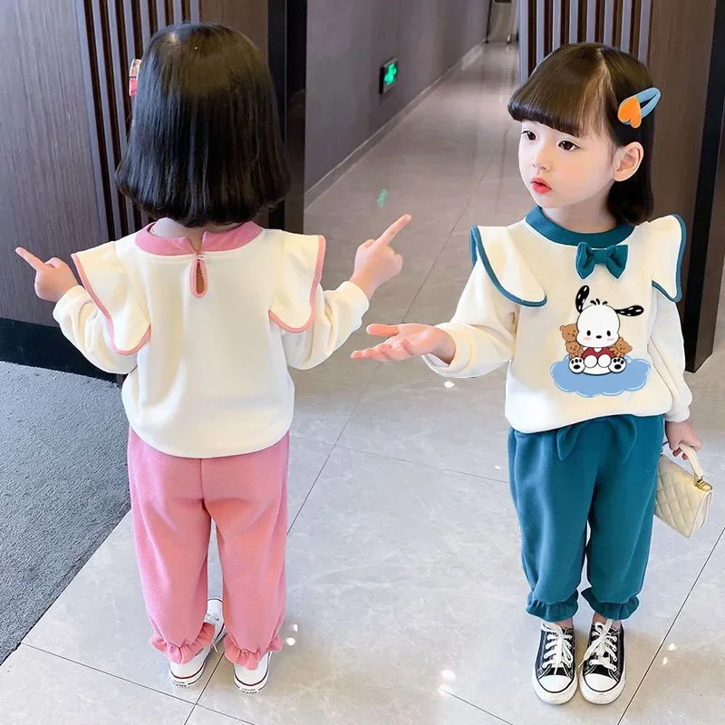 Anime Sanrioed Kuromi My Melody Pochacco Kids Fashion Outfit Girl Cute Bow Tops Pants Two Piece Korean Style Children's Clothes