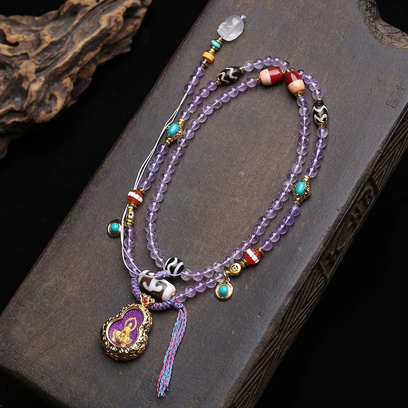 Natural amethyst necklace, decorative , Buddha thangka pendant, sweater chain, Dzi bead agate accessory, neck hanging piece