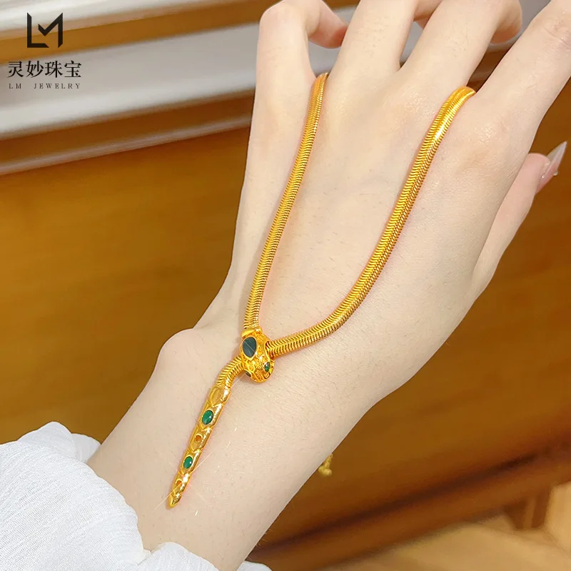 24K real gold enamel color small green snake pendant necklace 9999 zodiac soft snake bone chain design sense gift for girlfriend