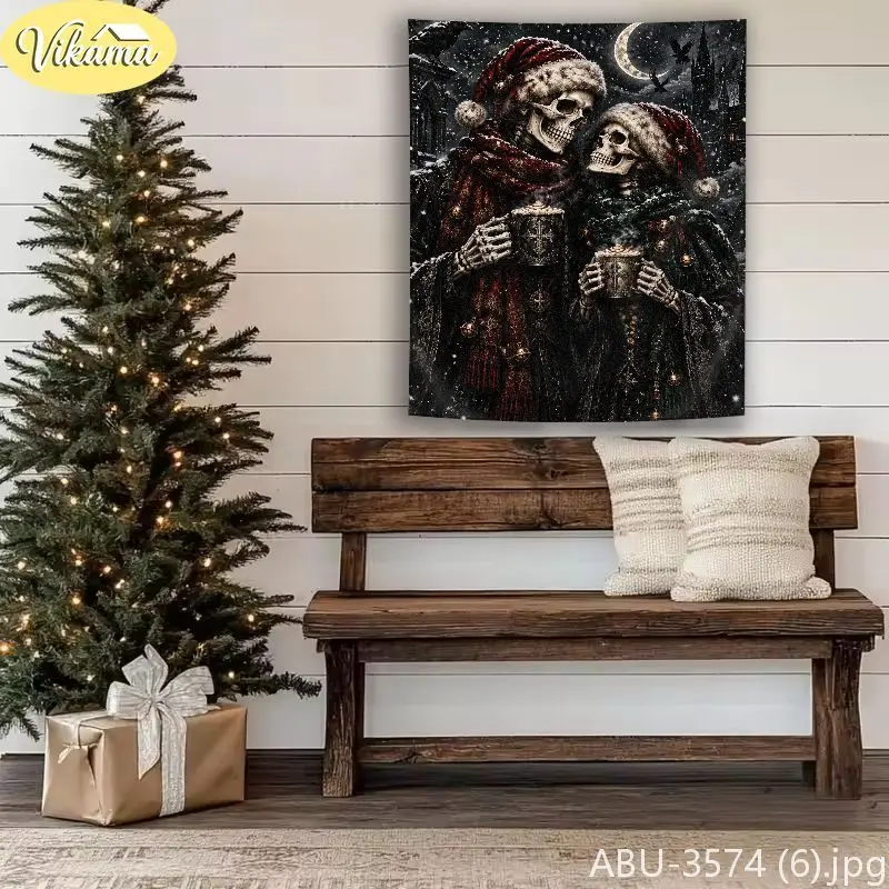 VIKAMA Dark Skeletal Lovers Arched Window Yuletide Wall Tapestry Noir Victorian Romantic Festive Room Home Decor Vibrant Art