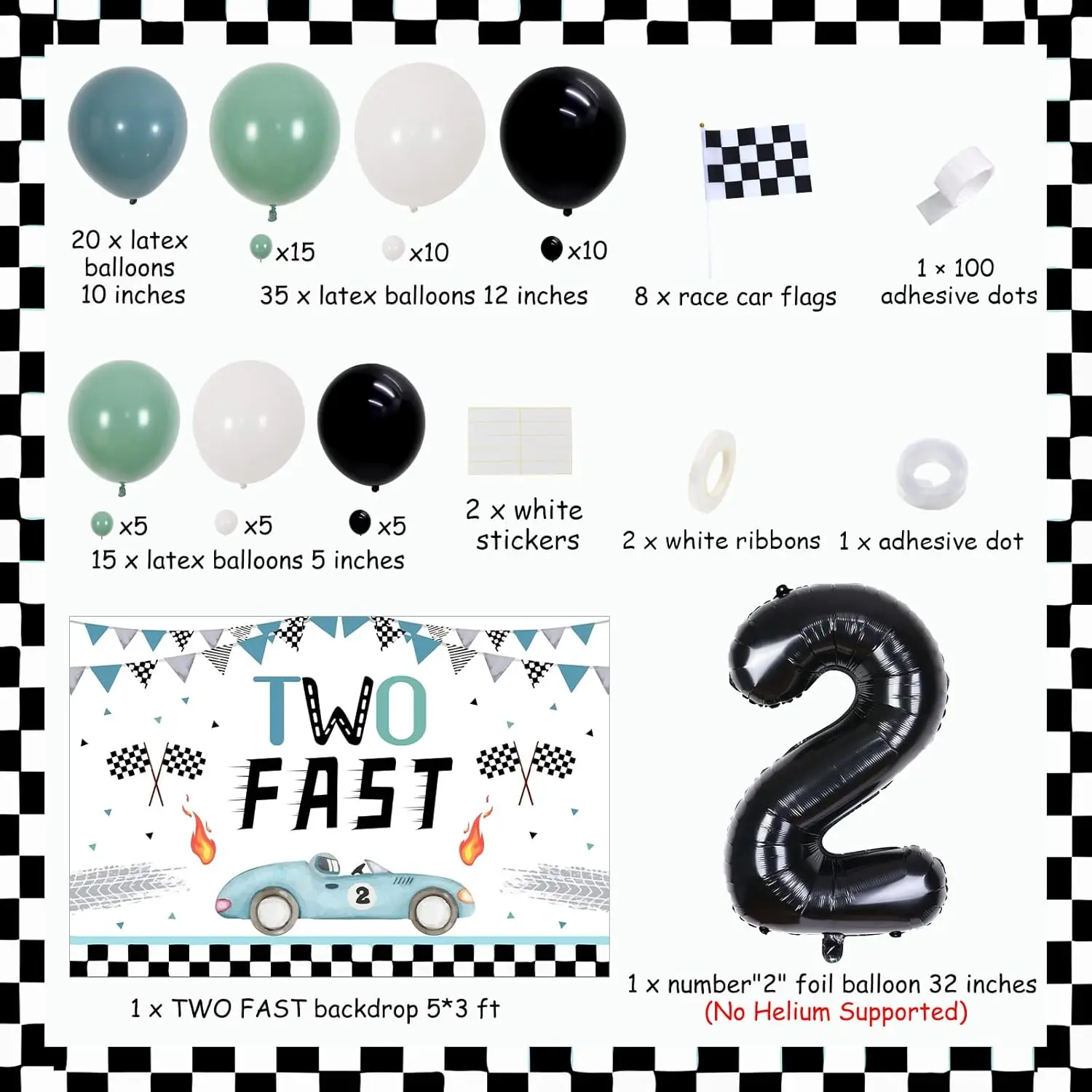 Sursurprise Two Fast Boy 2nd Birthday Decorations Vintage Race Car Balloon Garland Kit Backdrop Let's Go Racing Party Supplies