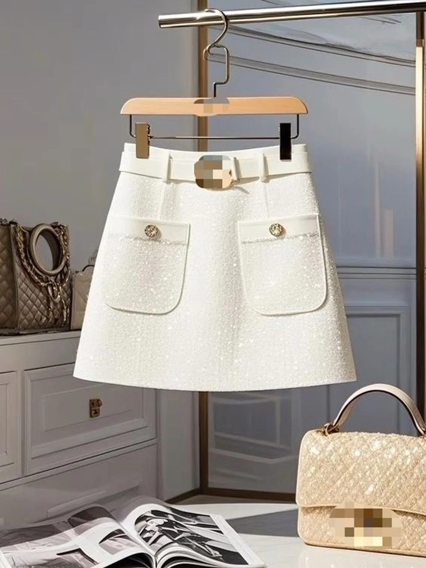 White High Waist A-Line  Skirt Women's Fashion Autumn Style Slimming Petite Friendly Small Fragrance Style Commute Friendly