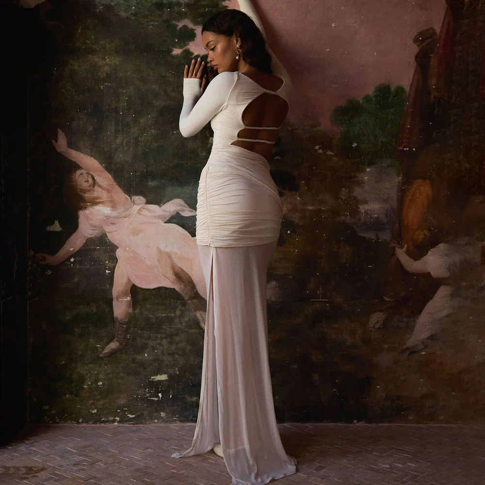 Apprabant Women Fall Winter Sheer Mesh Ruched Maxi Dress Sexy Slim Fit Long Sleeve Side Slit Backless Tie Elegant Partywear