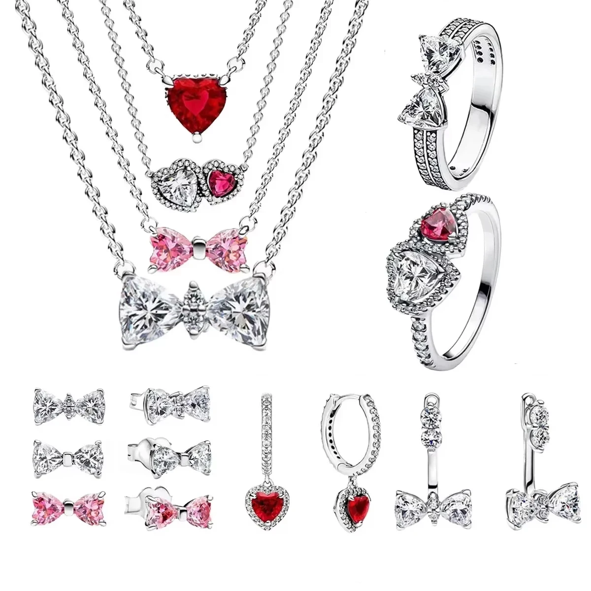 جديد 925 فضة خاتم ملون الزركون ربطة القوس فيونكة القلب مجموعة مشرقة حلقة أقراط قلادة الأصلي DIY بها بنفسك النساء المجوهرات هدية