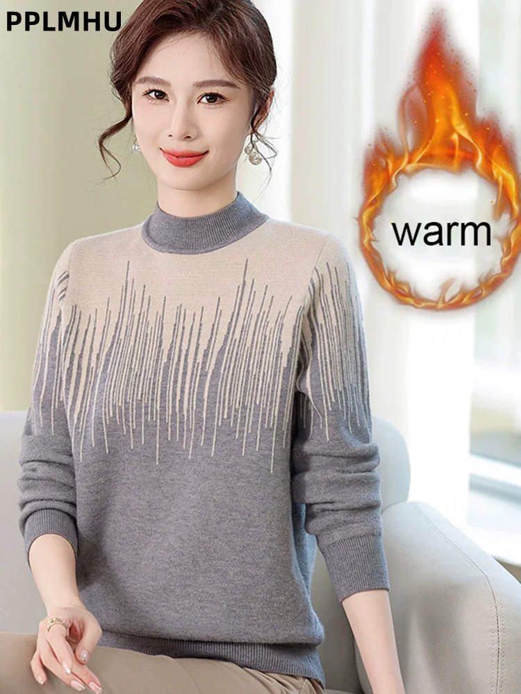 

Plush Fleece Lined Thickened Warm Knitting Sweater Women's Casual Half High Collar Pullover Fashion Striped Bottomed Jumper