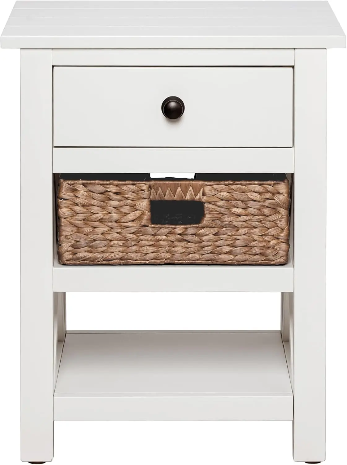 Mesa de cabeceira eHemco X-Side Mesa lateral com gaveta, 2 prateleiras de armazenamento e cesta de vime, branca