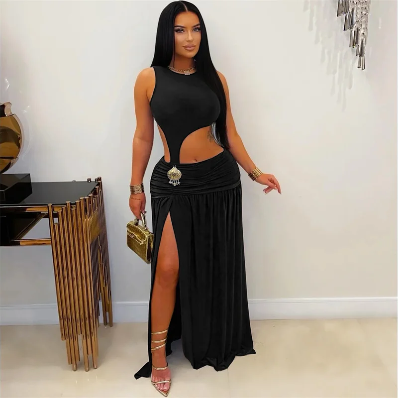 Sexy Cut Out Ruched A-line Birthday Dress for Woman Party Club Night Sleeveless O-neck High Split Prom Maxi Dresses Robe Femme