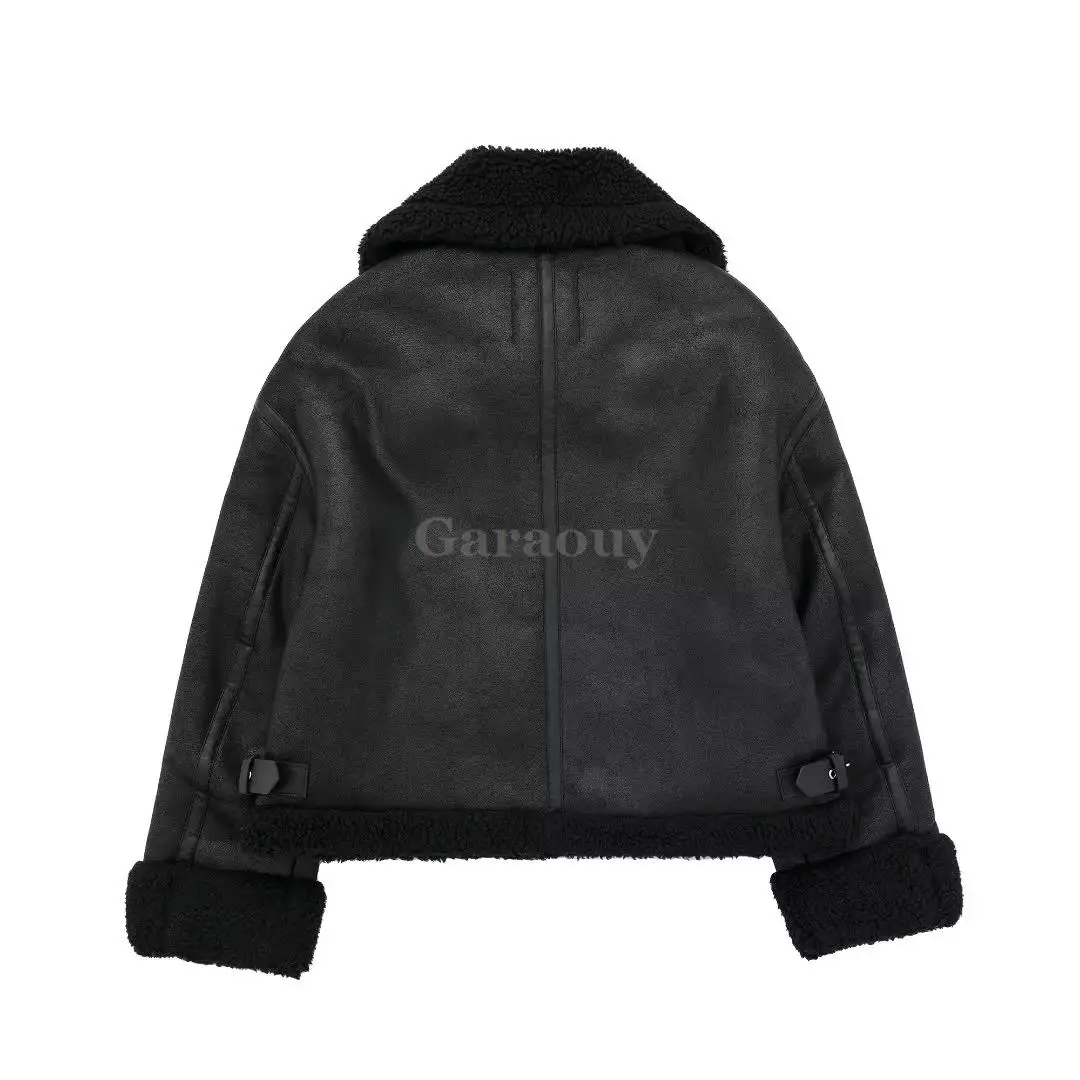 Garaouy 2023 Winter Women Black Faux Leather Fur Lapel Zip Motorcycle Jacket Female Casual Loose Thickened Warm Pu Coat Outwear