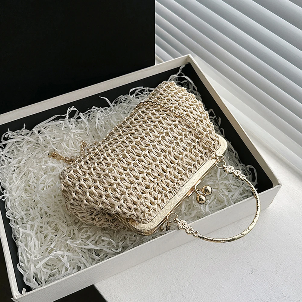 Dinner Party Chain Grass Woven Bag Summer Woven Tote Bag Simple Texture Handmade Casual Elegant Fashion Portable Evening Bag