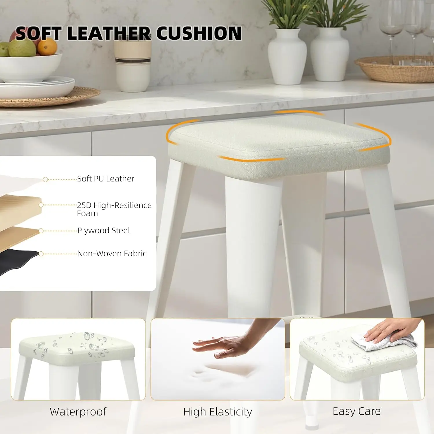Bar Stools Set of 4, 26" Counter Height Bar Stools Backless, Upholstered Bar Stools with Metal Legs for Kitchen Island, Study Room, Cafe, White view 5