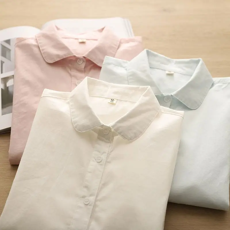 Spring and Autumn New Solid Color Doll Collar Long Sleeve Shirt Women Commuter Base Cardigan