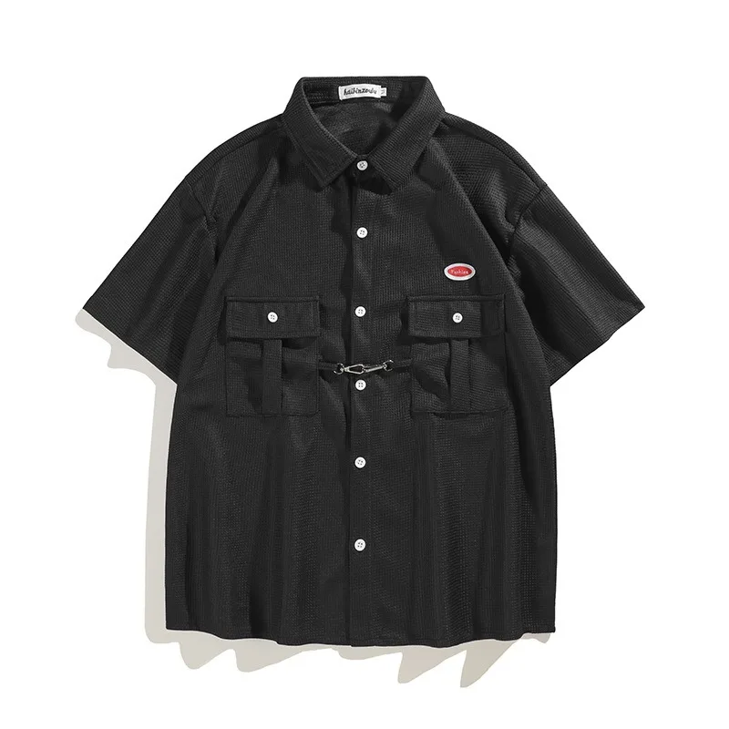 Korean Men's Y2k Waffle Metal Button Short Sleeve Shirt 2026 Summer New Hip Hop College Style Casual Loose Shirts for Men