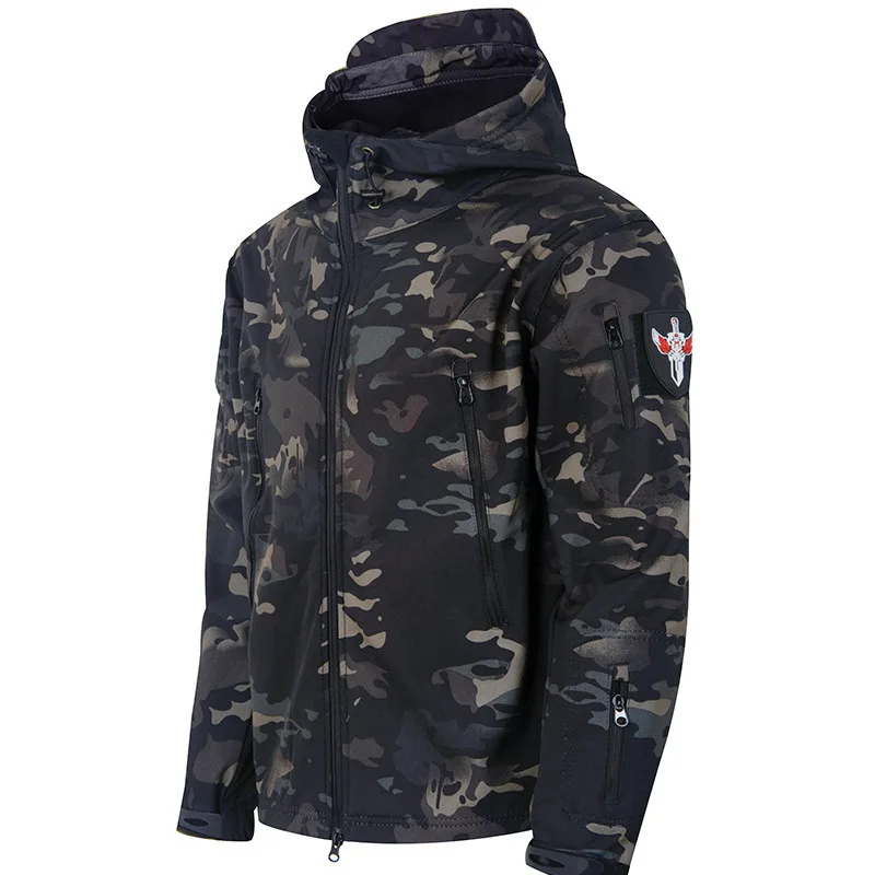 Herren Taktische Softshell-Jacke Militär Winddicht Wasserdicht mit Kapuze Fleece-Gefüttert Warme Oberbekleidung für Outdoor Jagd Wandern Camping – Detail 8