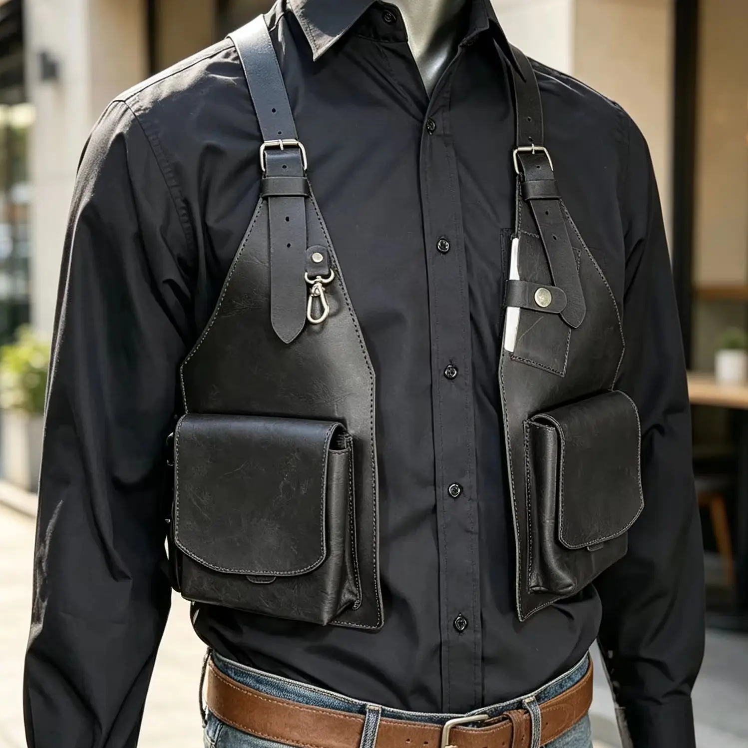 Gothic Medieval Faux‑Leather Under‑Arm Shoulder Harness Pack Dual Snap Pockets Wearable Wallet Bag Adult Cosplay Dress‑up Prop