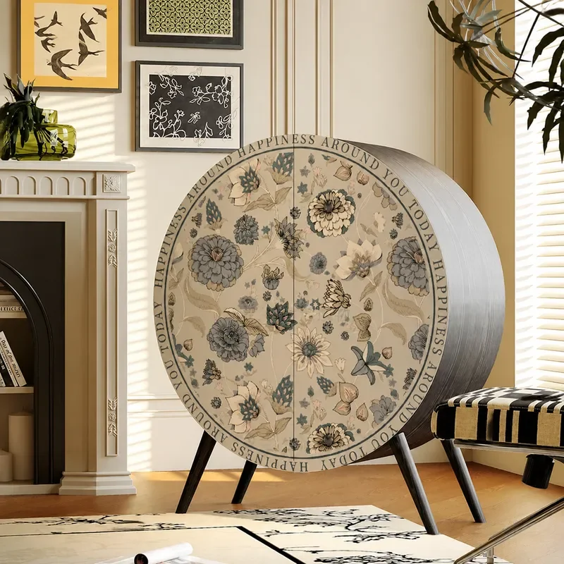 Cream Solid Wood Semicircular Cabinet Art Entrance Decorative Storage Living Room Water Bar Integrated Cabinet