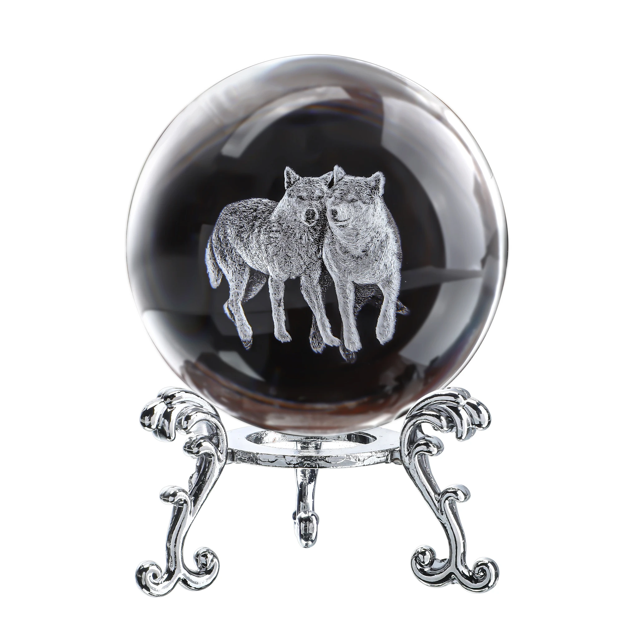 H&D 60mm Wolf Statue Crystal Decor Ball with Stand 3D Glass Laser Engraved Wolf Gift for Wolf Lovers， Home Office Paperweight