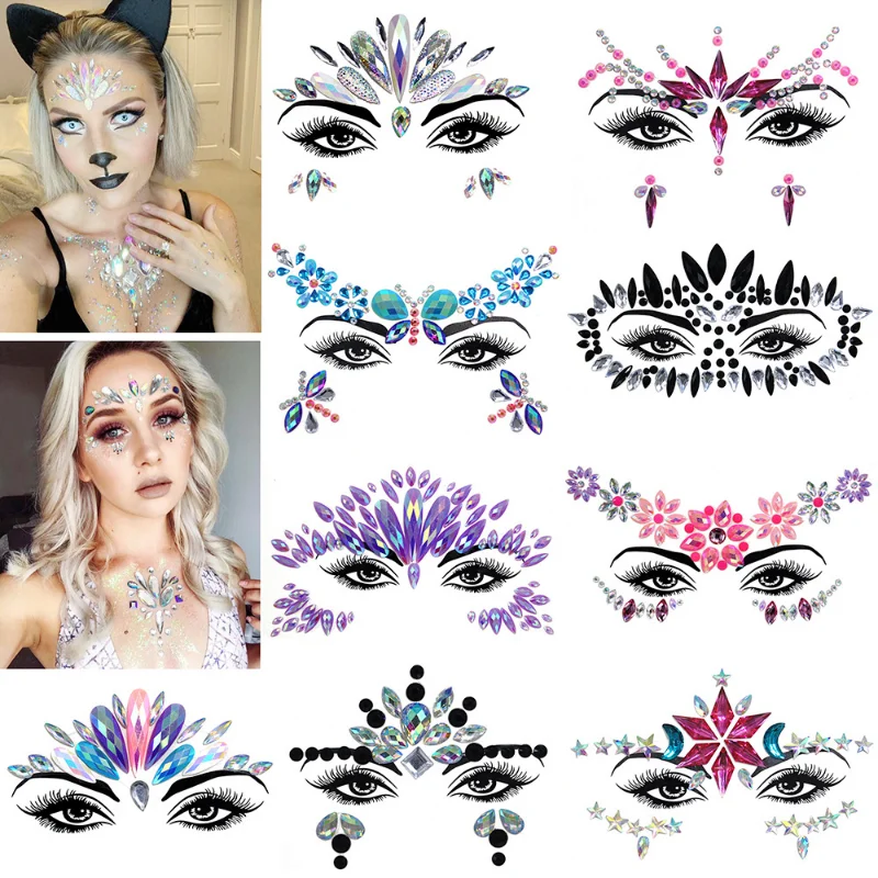 

3D Sexy Face Tattoo Stickers Temporary Tattoos Festival Glitter Fake Bright Rhinestones For Woman Party Face Jewels Tatoo