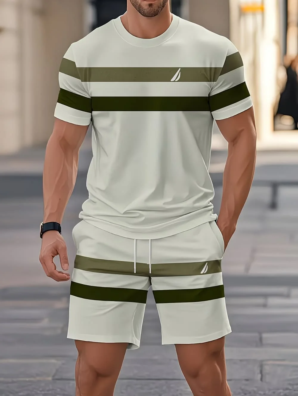 Men's Summer Sets Funny 3D Stripe Print Short Sleeve T-Shirt +Shorts 2 Piece Fashion Loose Men Outfit Casual Simple Sports Suit