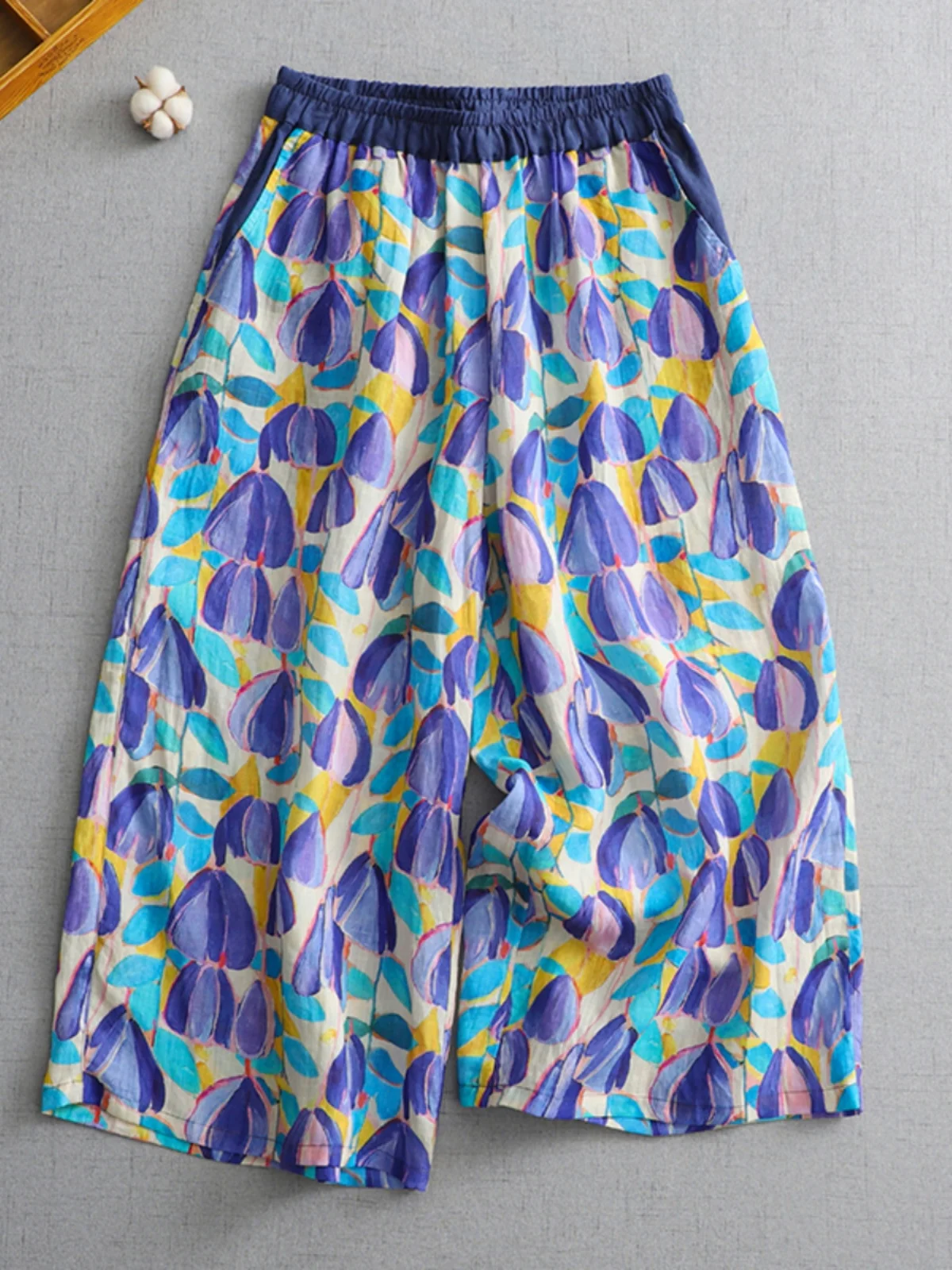 Calça feminina casual de perna larga, tamanho grande, corte reto, estampa de linho, cintura alta, emagrecimento, multifuncional, verão, sazonal, faion