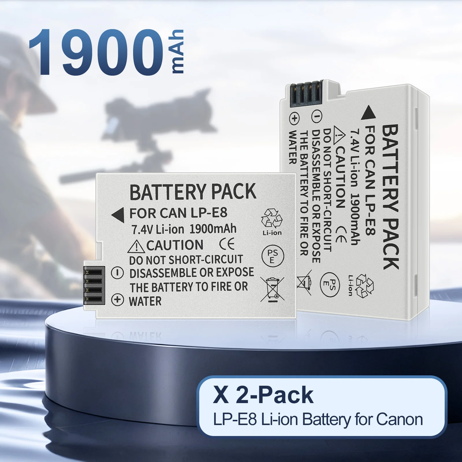 1900mAh 14.06Wh LP-E8 LPE8 Battery Compatible with Canon EOS 550D 600D 650D 700D KISS X4 X5 X6i X7i EOS T2i T3i T4i T5i DSLR Cam