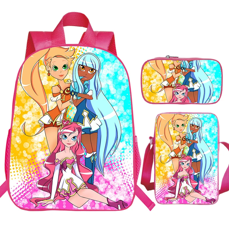 Cartoon LoliRock Print Backpack, Shoulder Bag, Lápis Case, Girls Cute Pink Schoolbag, grande capacidade, Children Boolbag, 3Pcs Set