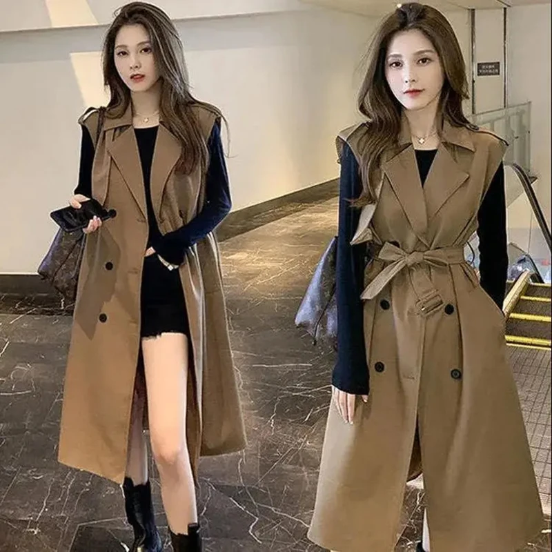 

Korean Fashion Sleeveless Windbreaker Women Classic Khaki Double Breasted Turn-Down Collar Vest Trench Coat Casual Waistcoat