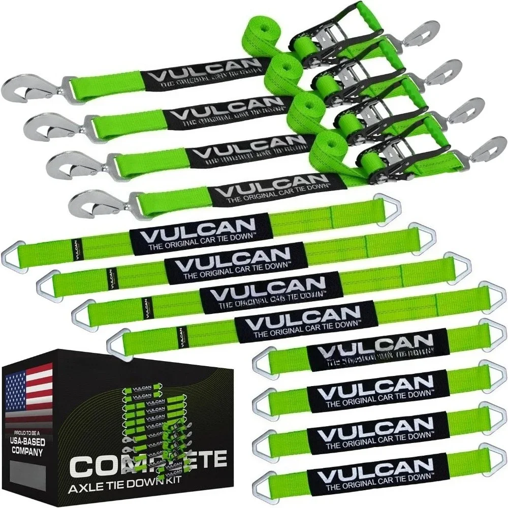 

Complete Axle Strap Tie Down Kit with Snap Hook Ratchet Straps - High-Viz - Includes (4) 22 Inch Axle Straps,