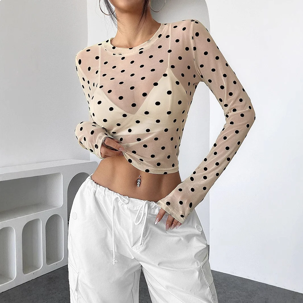Sexy durchsichtige Mesh-Tops für Damen, Frühlings- und Sommermode, gepunktete, figurbetonte Langarm-T-Shirts, Blusen