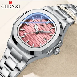 CHENXI Octagonal Alloy Case Watch for Women's Striped Dial with Calendar Luminous Fashion Dress Girl Waterproof Wristwatch Gift