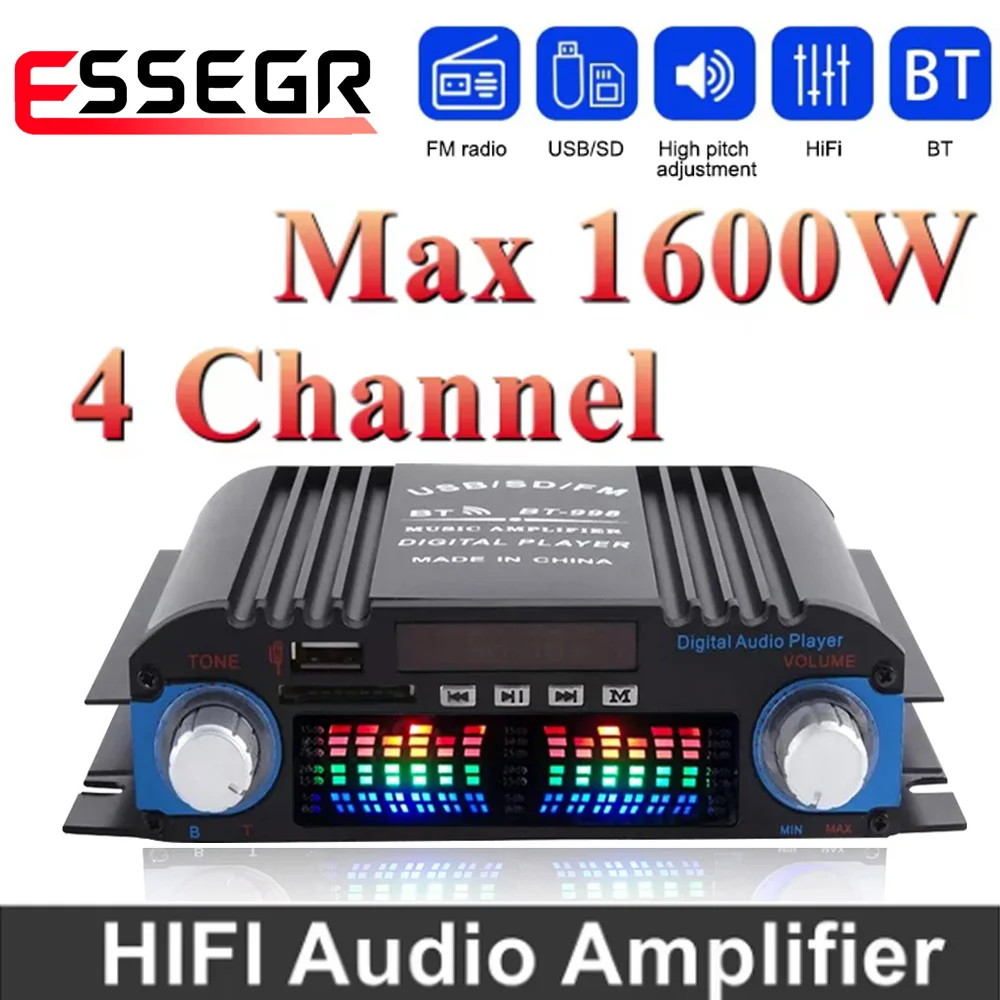 ESSEGR 1600 ワットピークパワー HiFi サウンドアンプデジタル 4 チャンネルオーディオアンプサポート Bluetooth カラオケプレーヤー FM リモコン