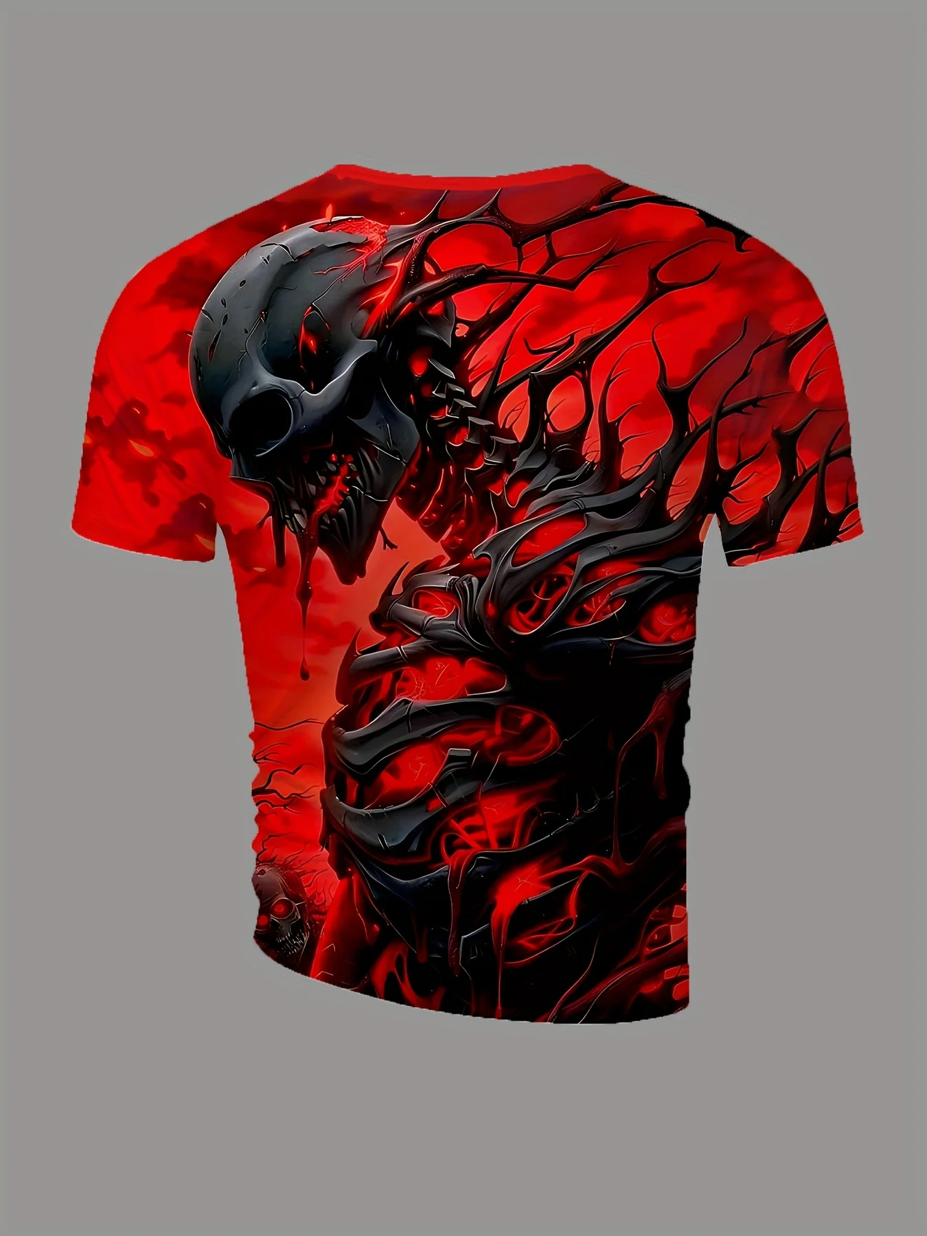 Men Short Sleeve T‑Shirt Dark Skeleton Demon Red Background Gothic Horror Crew Neck Tops