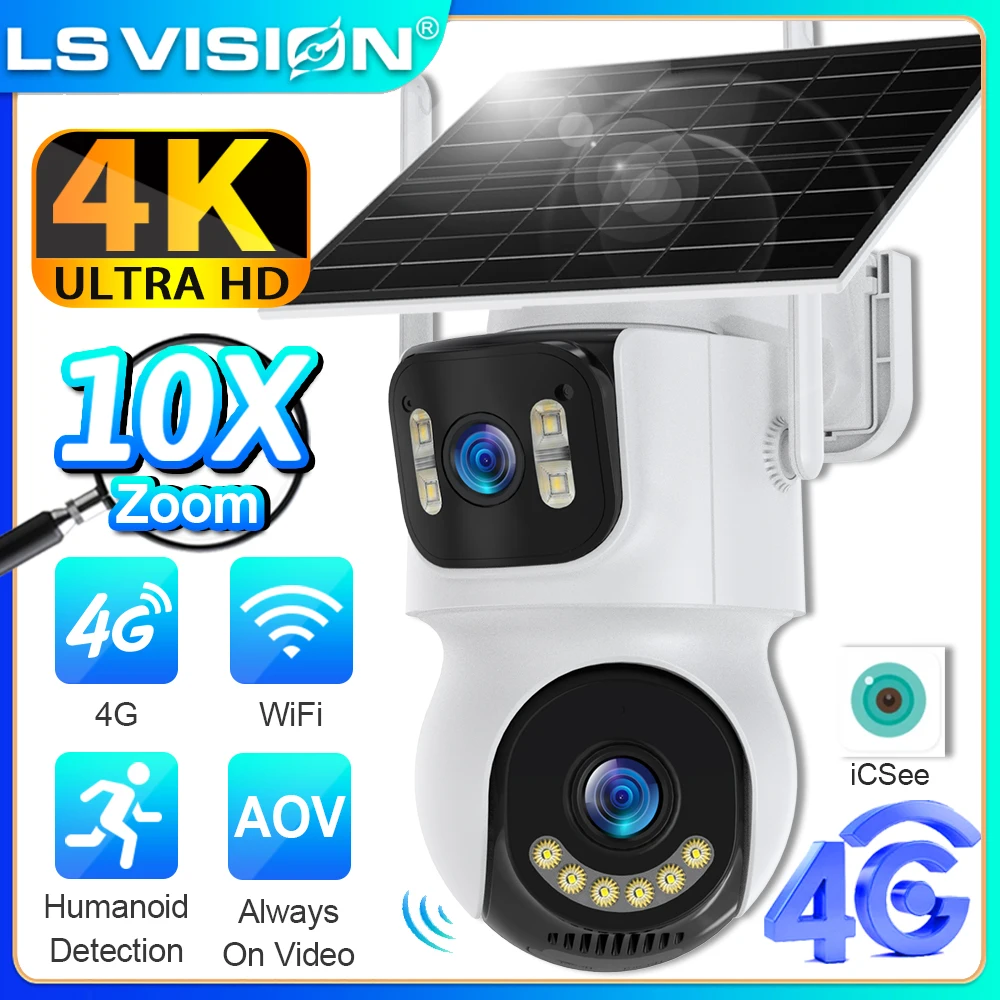 LS VISION AOV 4G cámara Solar 4K 10X Zoom cámara de seguridad WiFi para exteriores tres pantallas de seguridad 24 grabación PTZ seguimiento automático iCSe