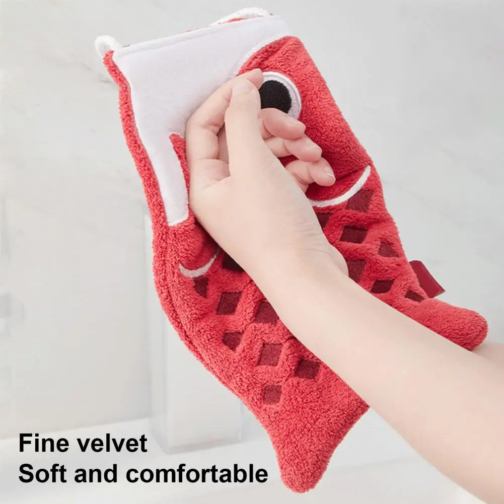 Hand Towel with Lanyard Microfiber Cartoon Fish Shape Quick Dry Absorbent Reduce Water Stains Reusable Hanging Towel