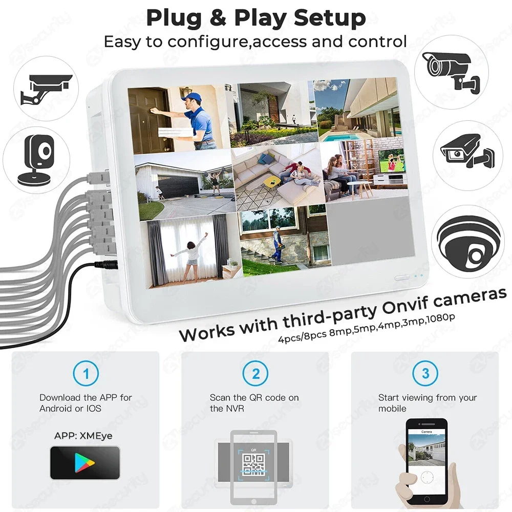 POE NVR com Face Detection Monitor, Network Video Recorder, Home Security CCTV System, ONVIF, 4K, 8MP, 8CH, 12 "Monitor