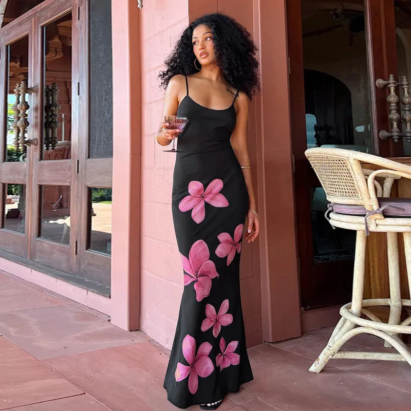

Women'S Floral Print Elastic Dress, Backless Camisole Long Skirt, Summer New Style